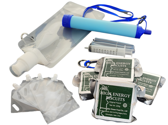 NZ Survival Bags, whats inside, water filtration straw and emergency food rations